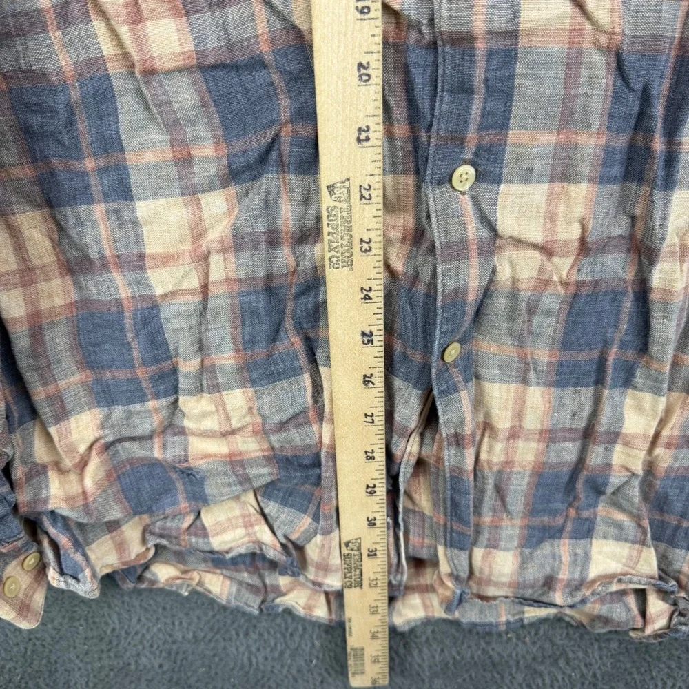 Banana Republic Mens XL Plaid Button Down Shirt 100% Linen Blue Tan Portugal